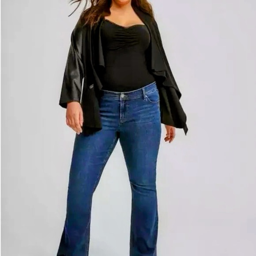 Torrid Brushed Ponte Drape Jacket with Faux Leather Sleeves - Picture 3 of 6
